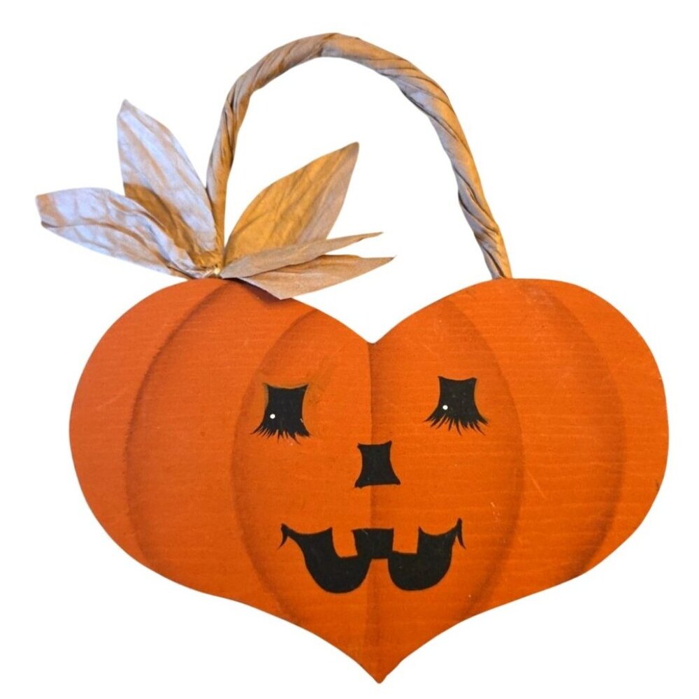 Vtg 80s Hand Painted Wood Heart Jack O Lantern Pumpkin Halloween Hanging Decor